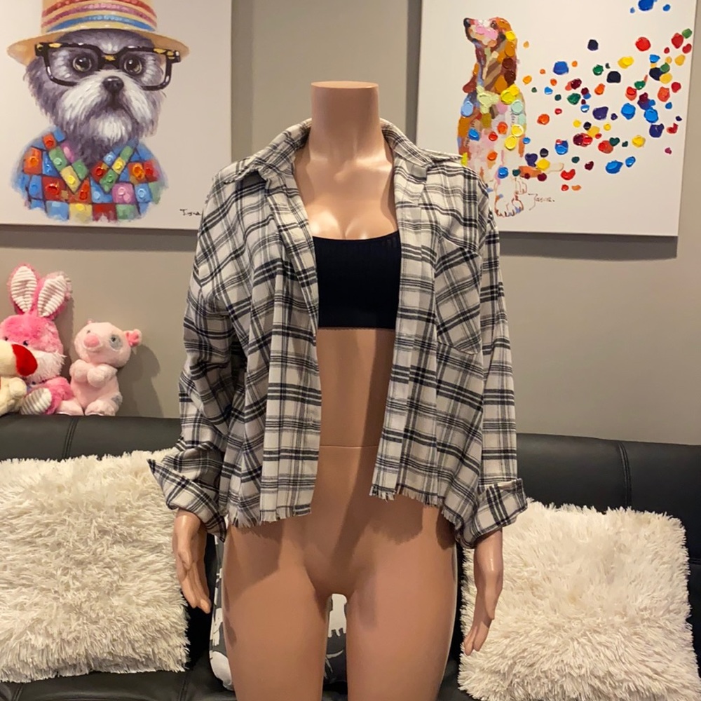 Audrey 3+1 Black White Plaid Oversized Flannel Shirt Lightweight Soft S